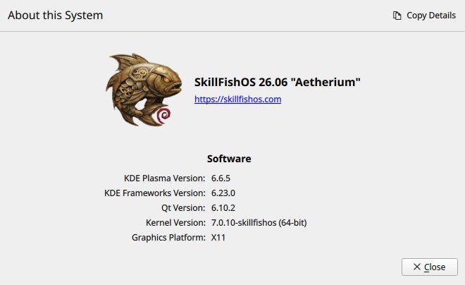 Pagina informazioni di SkillFishOS