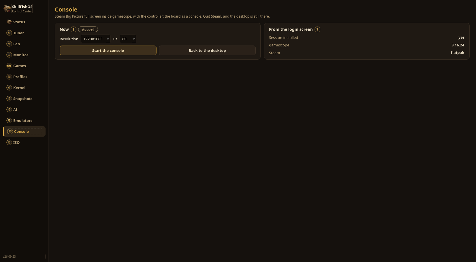 la sezione Console del Control Center di SkillFishOS
