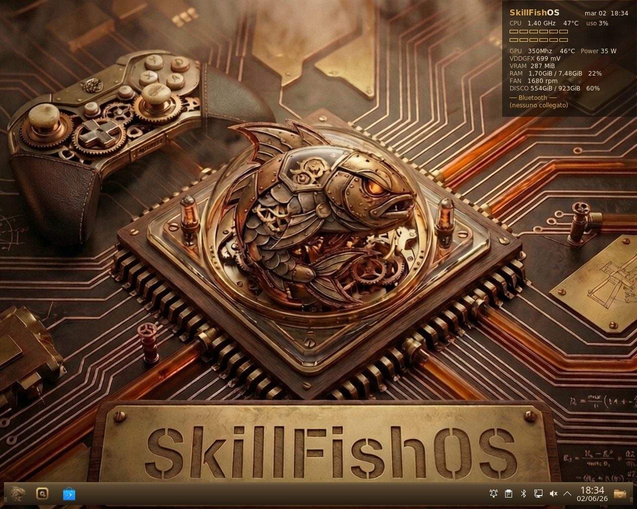 Desktop SkillFishOS steampunk con HUD di sistema